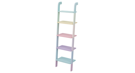 Colorful ladder shelving unit against transparent background with pastel shelves and minimalist design.