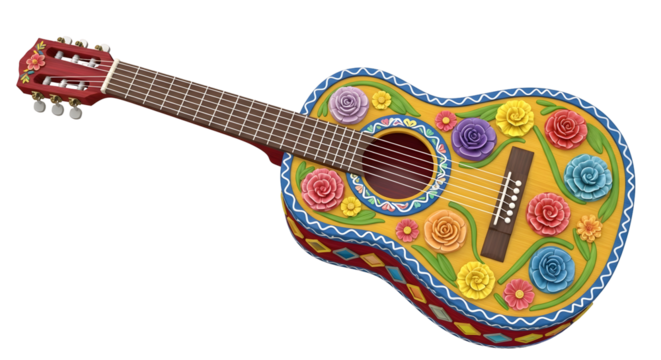 Colorful floral guitar with vibrant flowers and decorative patterns on a transparent black background. Features red orange yellow and blue hues.