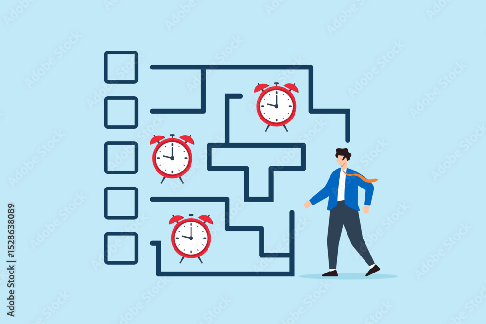 Poster flat illustration of businessman walking through task maze with alarm clock deadlines as checkpoints