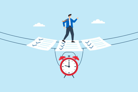 Flat illustration of businessman walking on checklist bridge suspended by alarm clock for concept of time management and task planning