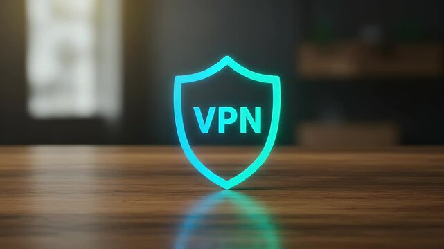 VPN shield graphic on wooden surface