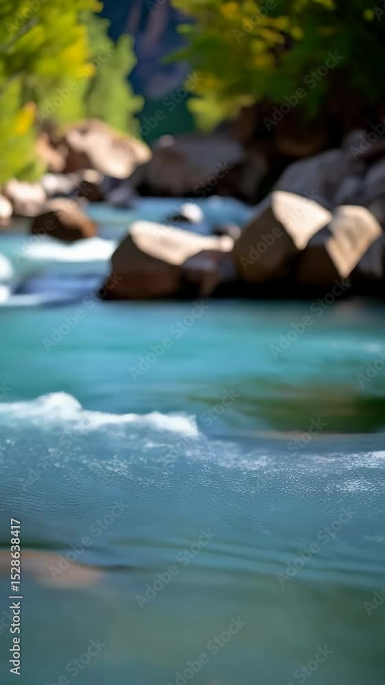 Poster close-up of a weathered timber log resting by a flowing river stream with vibrant green trees and sc