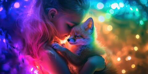 Girl holding a glowing baby fox with rainbow fur