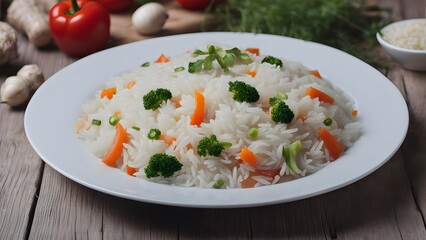 appetizing healthy rice with vegetables in white plate on a wooden table