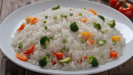 appetizing healthy rice with vegetables in white plate on a wooden table