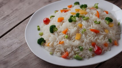 appetizing healthy rice with vegetables in white plate on a wooden table