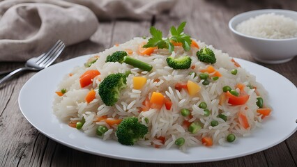 appetizing healthy rice with vegetables in white plate on a wooden table