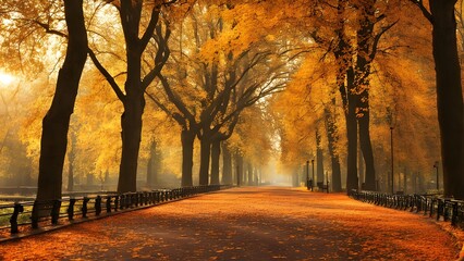 autumn morning in the park road covered in leaves