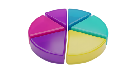 A colorful segmented pie chart with varying shades of purple pink teal and yellow against a transparent background illustrating data analysis and business concepts.