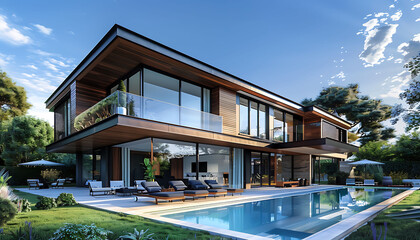 Fototapeta premium a modern house with a swimming pool surrounded by lush green trees and a blue sky, featuring large glass windows and a white chair for relaxation