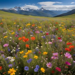 a vibrant wildflower meadow in full bloom with bright colorful flowers stretching out to a distant