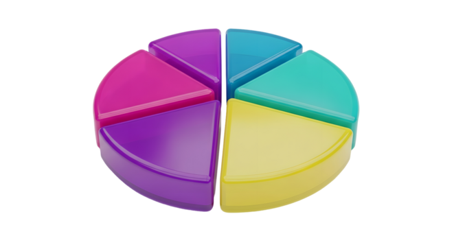 A colorful segmented pie chart with varying shades of purple pink teal and yellow against a transparent background illustrating data analysis and business concepts.