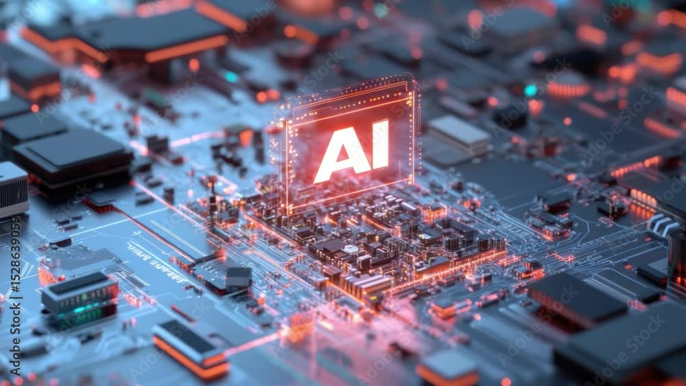 Poster technological core: a close-up, stylized image captures the intricate circuits of a computer chip wi