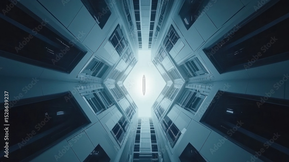 Poster futuristic, symmetrical, architectural perspective of a modern building complex with windows and lig