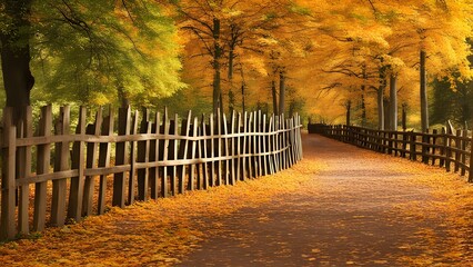 beautiful autumn in the park road fenced with wooden barrier