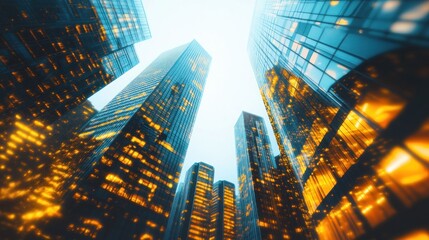 Looking up at modern skyscrapers, illuminated at night, with a perspective that emphasizes the height and density of urban architecture.