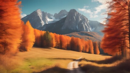 Beautiful autumn landscape against a mountain backdrop in bright tones