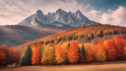 Beautiful autumn landscape against a mountain backdrop in bright tones