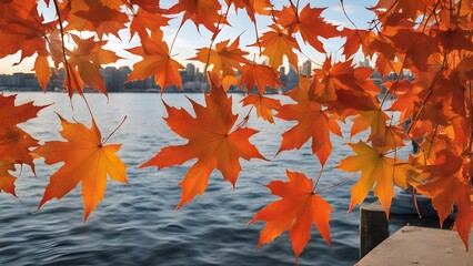 beautiful autumn maple leaves on the waterfront