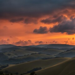 beautiful bright orange sky with clouds at sunset over hills