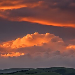 beautiful bright orange sky with clouds at sunset over hills