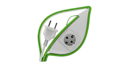 Conceptual green leaf shape containing electrical plug and socket on black background representing renewable energy or sustainability