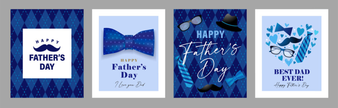 Happy Fathers Day creative greeting cards set 2025. I love you dad and Best Dad Ever vector illustration for Happy Father's Day with mustache, glasses, hat, necktie and bow tie - Powered by Adobe