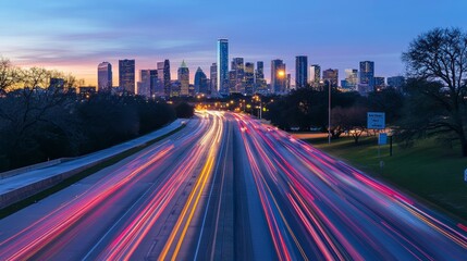 Obraz premium City skyline at dawn with light trails on highway.