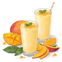 Two mango smoothies with fresh mango slices isolated on white background