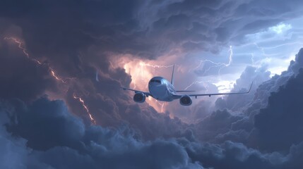 Fototapeta premium Airplane Flying Through Stormy Clouds with Lightning Effects