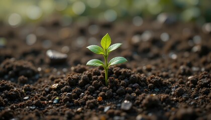 Growing a little plant from plastic garbage in rich soil, understanding ecology, pollution, and environmental hope