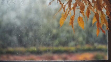 warm autumn rain outside the window