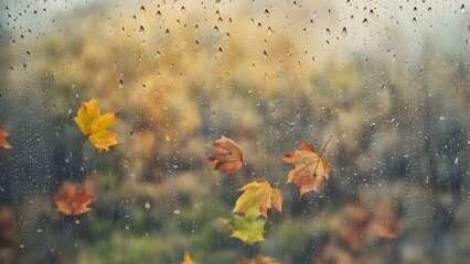 warm autumn rain outside the window