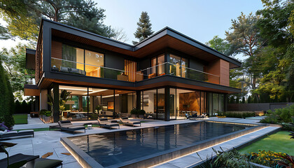 a modern house with a pool surrounded by lush greenery, featuring a black chair and a large glass window, set against a clear blue sky