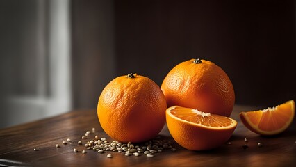 well arranged still life of both halved and whole oranges display half of fresh orange laid 