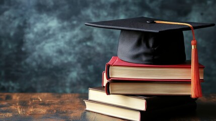 Graduation hat and stack of study books with copy space