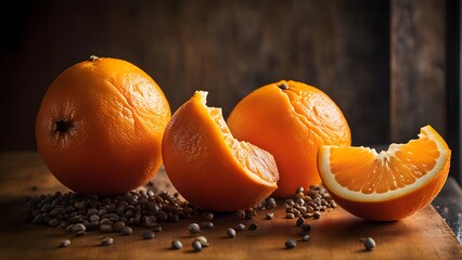 well arranged still life of both halved and whole oranges display half of fresh orange laid 