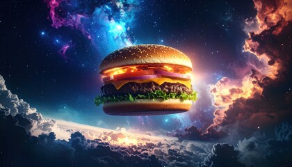 Surreal burger floats against a backdrop of cosmic clouds and stardust