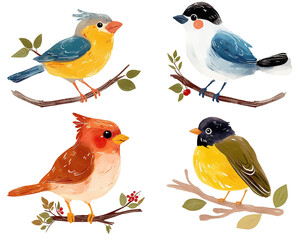 A hand-drawn PNG transparent illustration of a bird perched on a branch, used for T-shirt patterns, children's picture books, and animal science poster designs.
