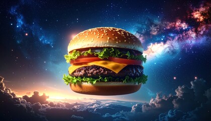 Cosmic Cuisine: A Delicious Burger Set Against a Celestial Canvas