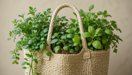 Potted herbs on a beige woven tote bag with a neutral backdrop