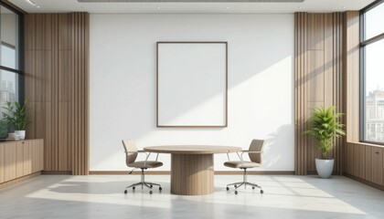 A modern office environment including a round table, a blank vertical frame on a white wall, and wooden wall paneling. Rendering in 3D