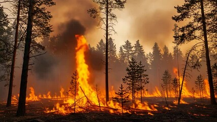 Forest fire burning in dry landscape. Intense flames engulf trees and undergrowth.  Wildfire destruction shown in image. - Powered by Adobe