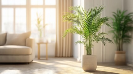 Bright Living Room with Green Plant and Cozy Sofa Decor