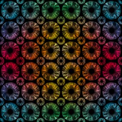 Circle eye frame with different neon colored graphics on a separate dark background. Light moves to overlap the elements. 3D illustration. Space in between.

