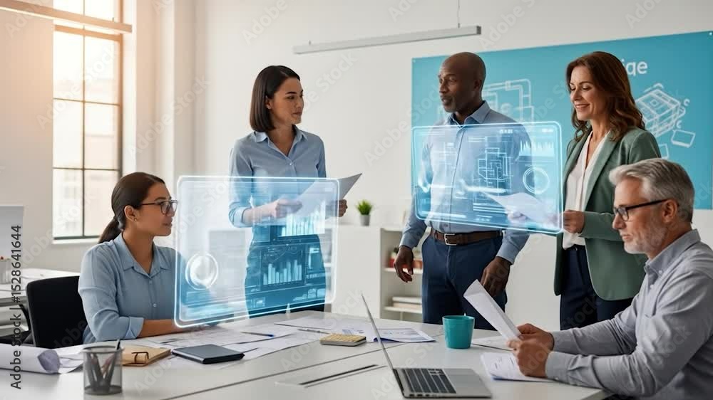 Poster a diverse team collaborates around a table using holographic displays showcasing data visualizations