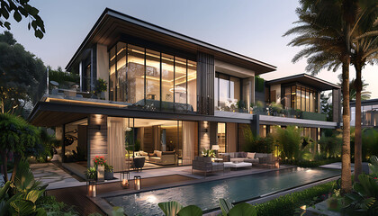 a modern house with a pool surrounded by lush greenery, featuring a large glass window and a brown roof, set against a clear blue sky a white chair adds a touch of elegance