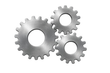 Brushed metal gears interlocking and rotating smoothly on a transparent background, symbolizing teamwork, engineering, and precision