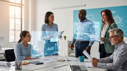 A diverse team collaborates around a table using holographic displays showcasing data visualizations and technical blueprints during a meeting in a modern, bright office - Powered by Adobe