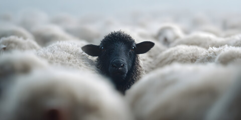 Black Sheep: A striking portrait of a singular black sheep amidst a sea of white sheep, symbolizing individuality, difference, and standing out from the crowd.